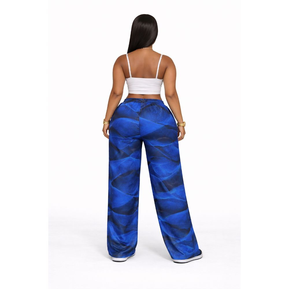 Blue Printed WideLeg Pants Drawstring Waist Casual Trousers